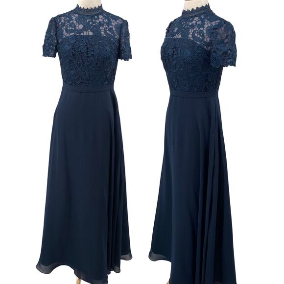 JJs House Gown Embroidered Crochet Lace Bodice Fit & Flare Chiffon Navy Womens 6 - Picture 1 of 8
